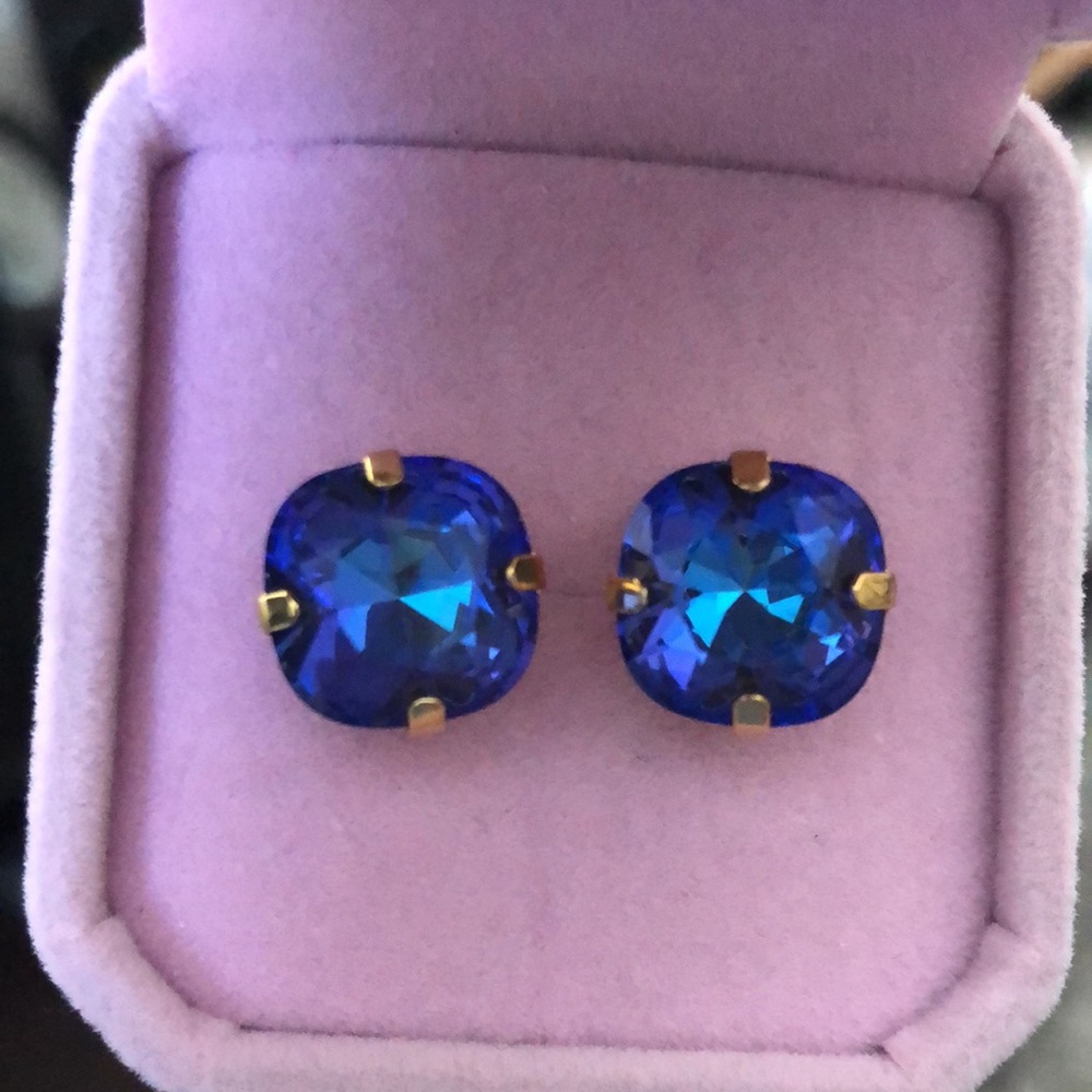 Burgundy AB + Gold Cushion Cut Crystal Earrings - Picture 8 of 13